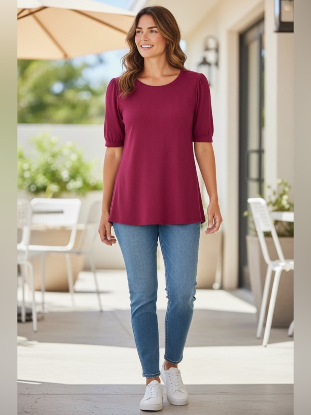 Short Puff Sleeve Tunic Top in Raspberry Wine